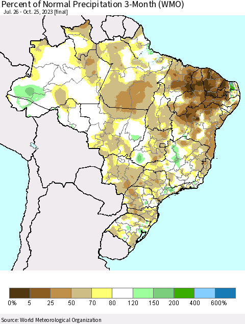 Brazil Percent of Normal Precipitation 3-Month (WMO) Thematic Map For 7/26/2023 - 10/25/2023
