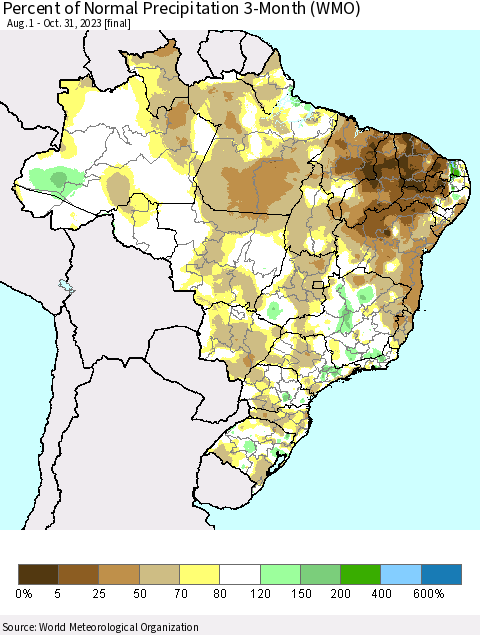 Brazil Percent of Normal Precipitation 3-Month (WMO) Thematic Map For 8/1/2023 - 10/31/2023