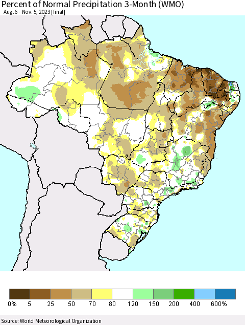 Brazil Percent of Normal Precipitation 3-Month (WMO) Thematic Map For 8/6/2023 - 11/5/2023