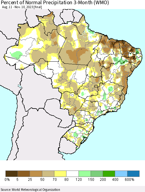 Brazil Percent of Normal Precipitation 3-Month (WMO) Thematic Map For 8/11/2023 - 11/10/2023