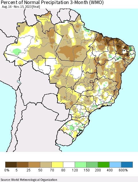 Brazil Percent of Normal Precipitation 3-Month (WMO) Thematic Map For 8/16/2023 - 11/15/2023