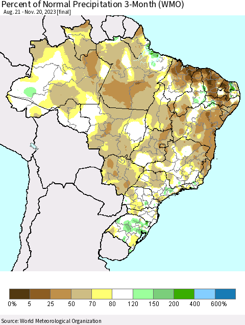 Brazil Percent of Normal Precipitation 3-Month (WMO) Thematic Map For 8/21/2023 - 11/20/2023