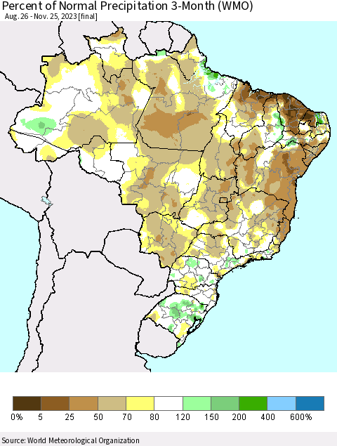 Brazil Percent of Normal Precipitation 3-Month (WMO) Thematic Map For 8/26/2023 - 11/25/2023