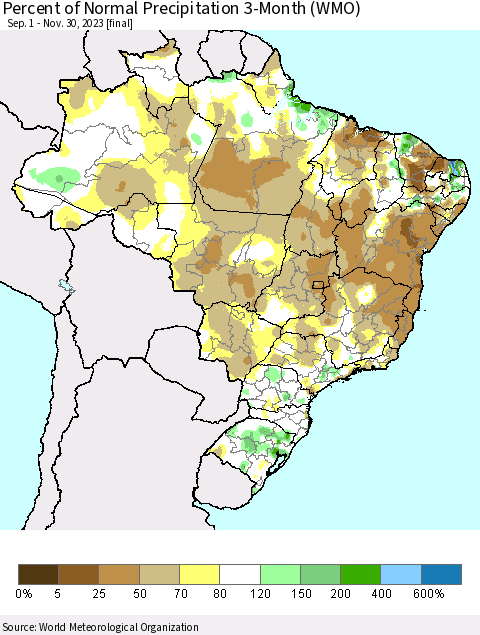 Brazil Percent of Normal Precipitation 3-Month (WMO) Thematic Map For 9/1/2023 - 11/30/2023