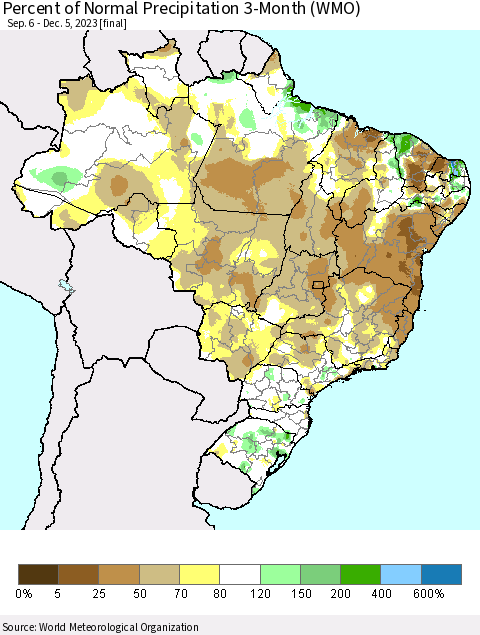 Brazil Percent of Normal Precipitation 3-Month (WMO) Thematic Map For 9/6/2023 - 12/5/2023