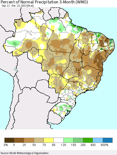 Brazil Percent of Normal Precipitation 3-Month (WMO) Thematic Map For 9/11/2023 - 12/10/2023