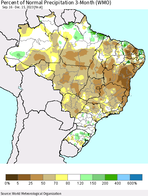 Brazil Percent of Normal Precipitation 3-Month (WMO) Thematic Map For 9/16/2023 - 12/15/2023