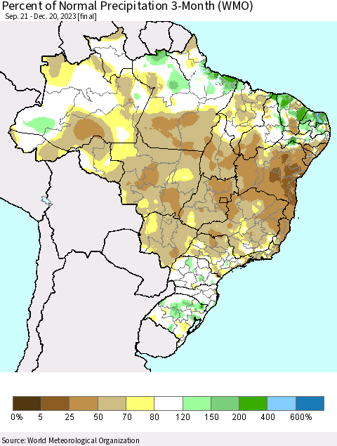 Brazil Percent of Normal Precipitation 3-Month (WMO) Thematic Map For 9/21/2023 - 12/20/2023