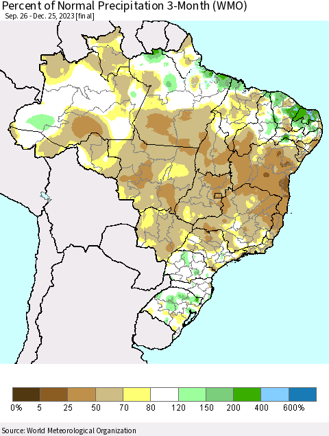 Brazil Percent of Normal Precipitation 3-Month (WMO) Thematic Map For 9/26/2023 - 12/25/2023