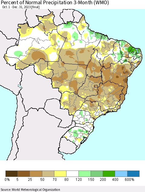 Brazil Percent of Normal Precipitation 3-Month (WMO) Thematic Map For 10/1/2023 - 12/31/2023