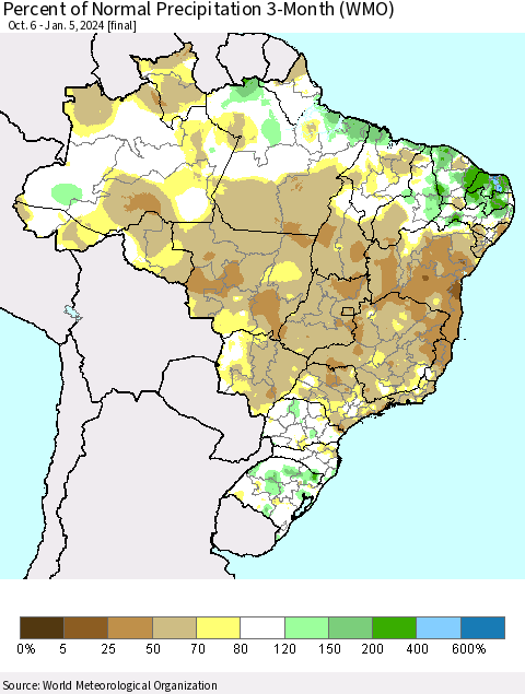 Brazil Percent of Normal Precipitation 3-Month (WMO) Thematic Map For 10/6/2023 - 1/5/2024