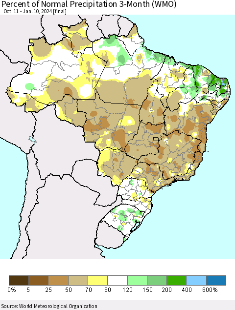 Brazil Percent of Normal Precipitation 3-Month (WMO) Thematic Map For 10/11/2023 - 1/10/2024