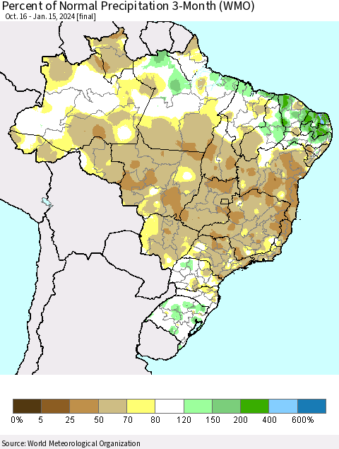 Brazil Percent of Normal Precipitation 3-Month (WMO) Thematic Map For 10/16/2023 - 1/15/2024