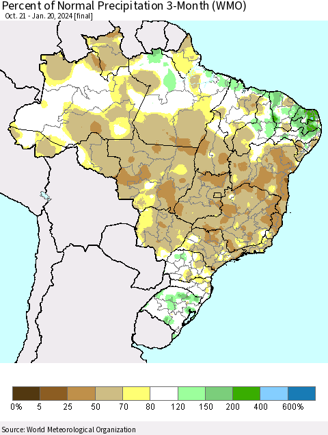 Brazil Percent of Normal Precipitation 3-Month (WMO) Thematic Map For 10/21/2023 - 1/20/2024