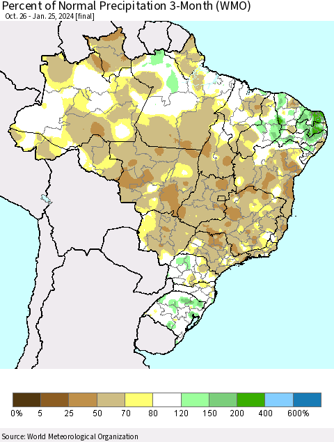 Brazil Percent of Normal Precipitation 3-Month (WMO) Thematic Map For 10/26/2023 - 1/25/2024