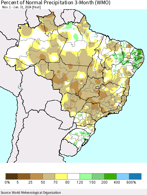 Brazil Percent of Normal Precipitation 3-Month (WMO) Thematic Map For 11/1/2023 - 1/31/2024