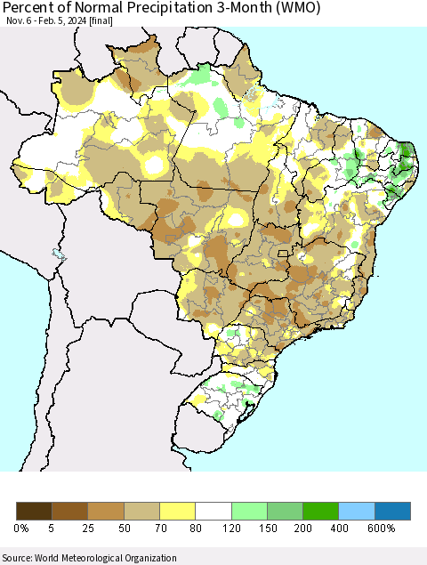 Brazil Percent of Normal Precipitation 3-Month (WMO) Thematic Map For 11/6/2023 - 2/5/2024