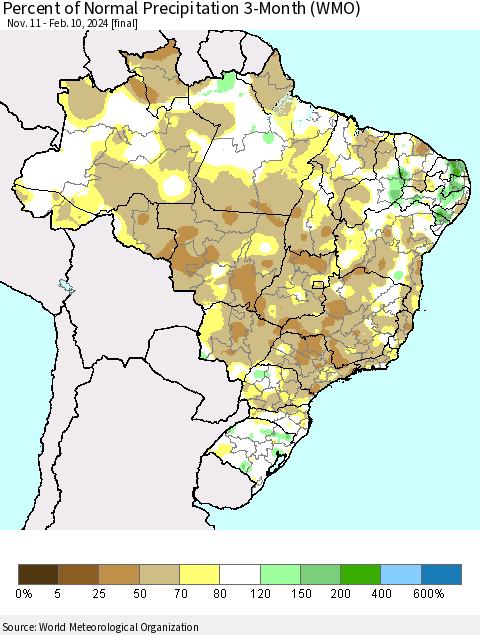 Brazil Percent of Normal Precipitation 3-Month (WMO) Thematic Map For 11/11/2023 - 2/10/2024