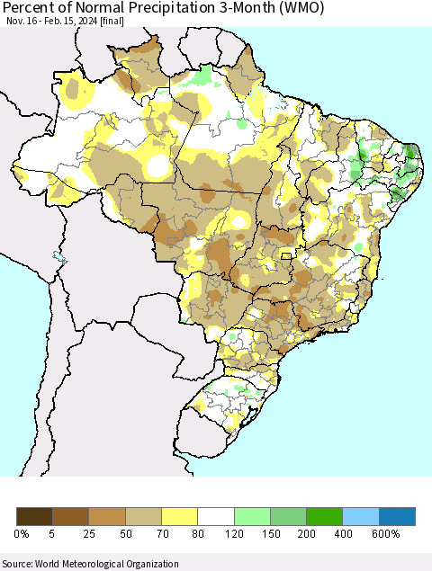 Brazil Percent of Normal Precipitation 3-Month (WMO) Thematic Map For 11/16/2023 - 2/15/2024