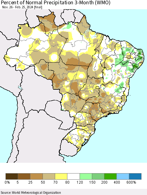 Brazil Percent of Normal Precipitation 3-Month (WMO) Thematic Map For 11/26/2023 - 2/25/2024