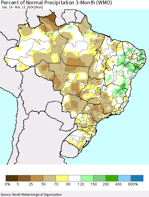 Brazil Percent of Normal Precipitation 3-Month (WMO) Thematic Map For 12/16/2023 - 3/15/2024
