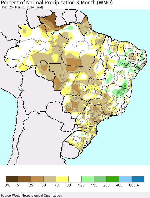 Brazil Percent of Normal Precipitation 3-Month (WMO) Thematic Map For 12/26/2023 - 3/25/2024