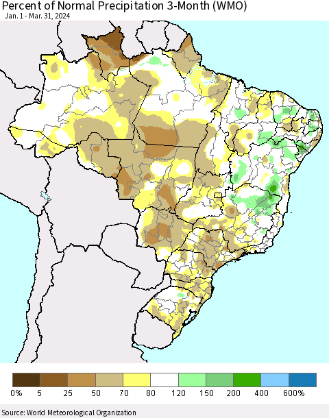Brazil Percent of Normal Precipitation 3-Month (WMO) Thematic Map For 1/1/2024 - 3/31/2024
