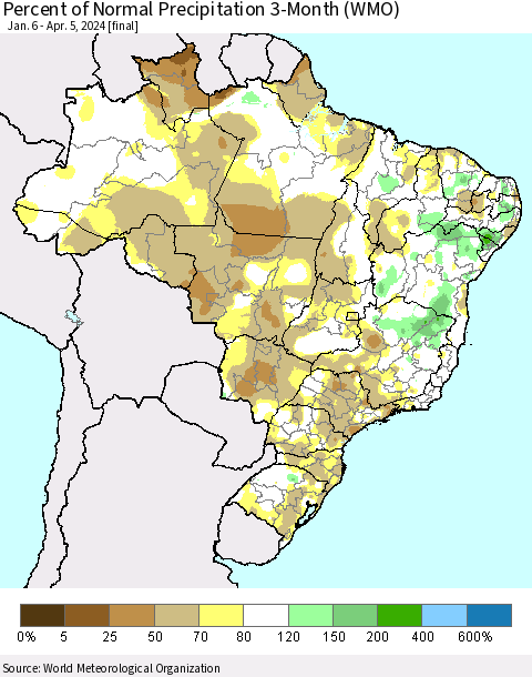 Brazil Percent of Normal Precipitation 3-Month (WMO) Thematic Map For 1/6/2024 - 4/5/2024