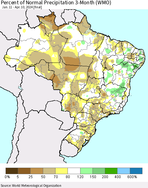 Brazil Percent of Normal Precipitation 3-Month (WMO) Thematic Map For 1/11/2024 - 4/10/2024