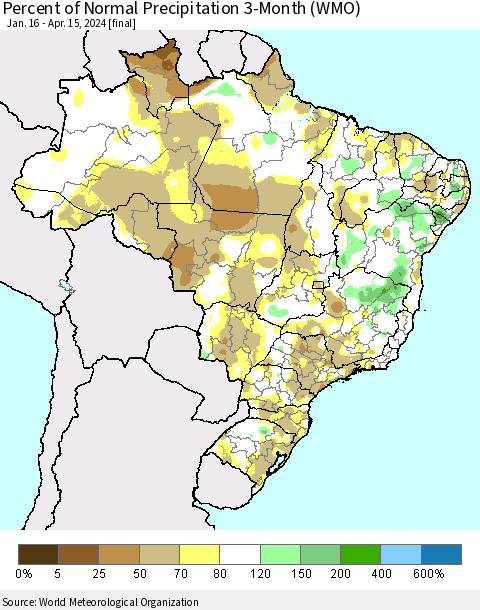 Brazil Percent of Normal Precipitation 3-Month (WMO) Thematic Map For 1/16/2024 - 4/15/2024
