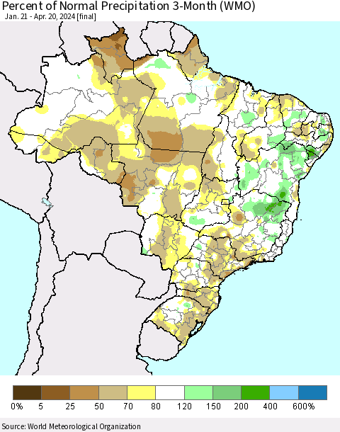 Brazil Percent of Normal Precipitation 3-Month (WMO) Thematic Map For 1/21/2024 - 4/20/2024