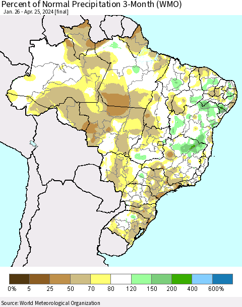 Brazil Percent of Normal Precipitation 3-Month (WMO) Thematic Map For 1/26/2024 - 4/25/2024