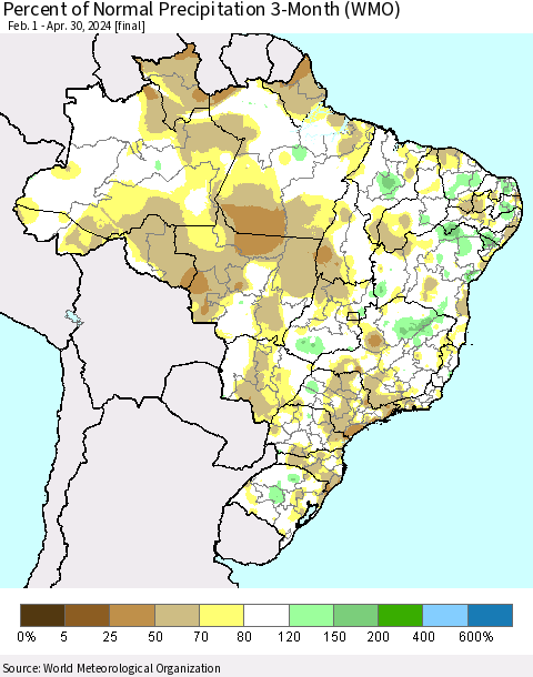 Brazil Percent of Normal Precipitation 3-Month (WMO) Thematic Map For 2/1/2024 - 4/30/2024