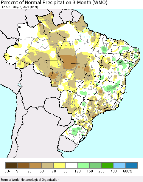 Brazil Percent of Normal Precipitation 3-Month (WMO) Thematic Map For 2/6/2024 - 5/5/2024