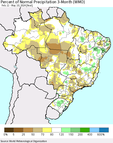 Brazil Percent of Normal Precipitation 3-Month (WMO) Thematic Map For 2/11/2024 - 5/10/2024