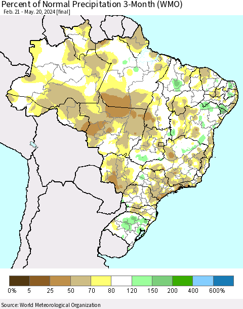 Brazil Percent of Normal Precipitation 3-Month (WMO) Thematic Map For 2/21/2024 - 5/20/2024