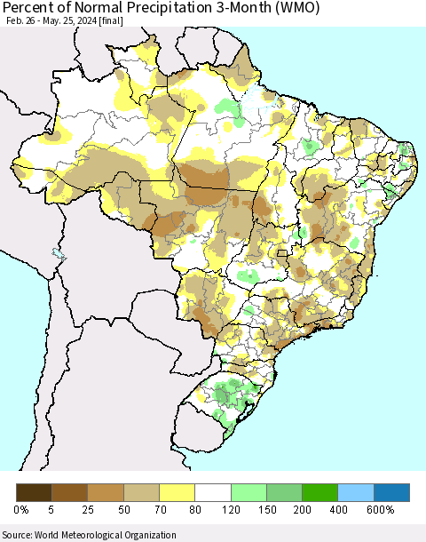 Brazil Percent of Normal Precipitation 3-Month (WMO) Thematic Map For 2/26/2024 - 5/25/2024