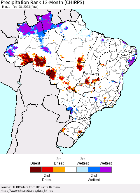 Brazil Precipitation Rank since 1981, 12-Month (CHIRPS) Thematic Map For 3/1/2022 - 2/28/2023