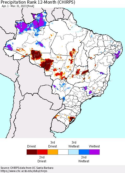 Brazil Precipitation Rank since 1981, 12-Month (CHIRPS) Thematic Map For 4/1/2022 - 3/31/2023