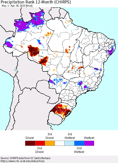 Brazil Precipitation Rank since 1981, 12-Month (CHIRPS) Thematic Map For 5/1/2022 - 4/30/2023