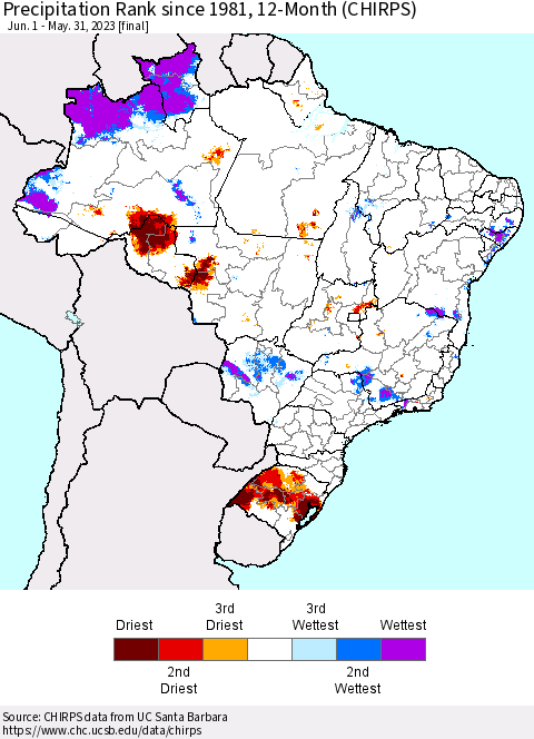 Brazil Precipitation Rank since 1981, 12-Month (CHIRPS) Thematic Map For 6/1/2022 - 5/31/2023