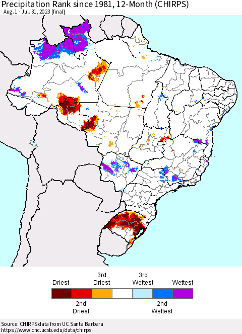 Brazil Precipitation Rank since 1981, 12-Month (CHIRPS) Thematic Map For 8/1/2022 - 7/31/2023