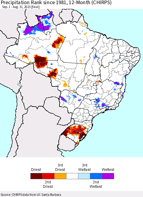 Brazil Precipitation Rank since 1981, 12-Month (CHIRPS) Thematic Map For 9/1/2022 - 8/31/2023