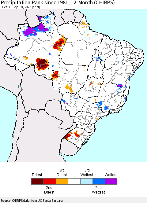 Brazil Precipitation Rank since 1981, 12-Month (CHIRPS) Thematic Map For 10/1/2022 - 9/30/2023
