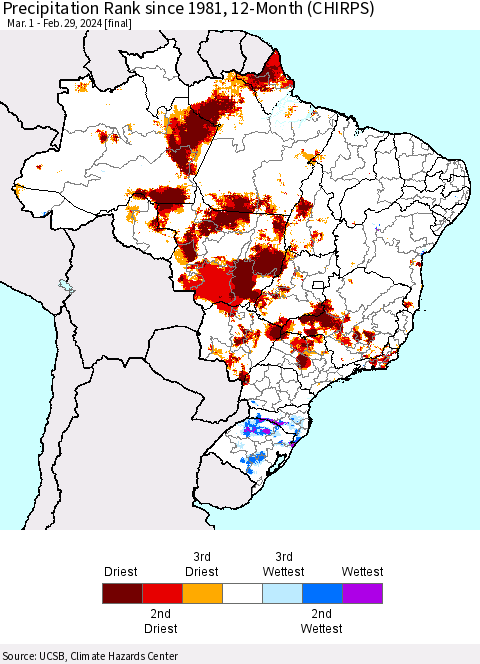 Brazil Precipitation Rank since 1981, 12-Month (CHIRPS) Thematic Map For 3/1/2023 - 2/29/2024