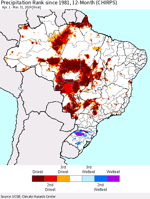 Brazil Precipitation Rank since 1981, 12-Month (CHIRPS) Thematic Map For 4/1/2023 - 3/31/2024