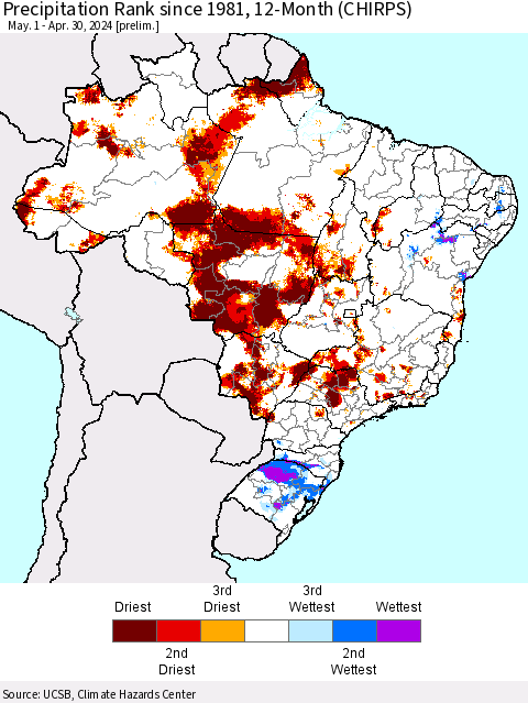 Brazil Precipitation Rank since 1981, 12-Month (CHIRPS) Thematic Map For 5/1/2023 - 4/30/2024