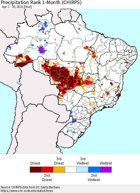 Brazil Precipitation Rank since 1981, 1-Month (CHIRPS) Thematic Map For 4/1/2022 - 4/30/2022