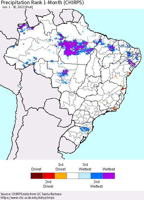 Brazil Precipitation Rank since 1981, 1-Month (CHIRPS) Thematic Map For 6/1/2022 - 6/30/2022