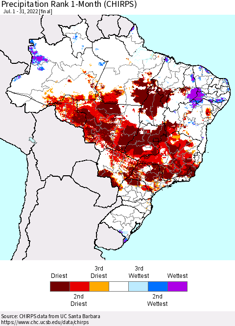 Brazil Precipitation Rank since 1981, 1-Month (CHIRPS) Thematic Map For 7/1/2022 - 7/31/2022